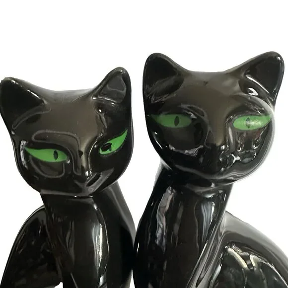 VTG Artmark Fine Ceramic Midnight Shadows Pair of Black Cats Green Eyes 12.5 in - Picture 9 of 12